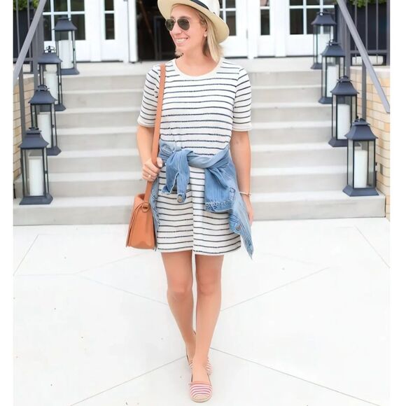 Striped T-Shirt Dress Women's M/L Cotton Stretch Basic Travel Academia Preppy - Picture 7 of 11
